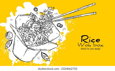 Wok box, rice, chopsticks, vegetables and spices. Asian cuisine. Hand drawing sketch.