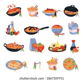 Wok box set of isolated icons with served noodles on frying pan plate packed in box vector illustration