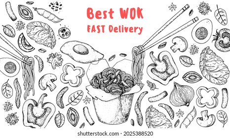  Wok box sketch, ingredients for wok. Hand drawn vector illustration. Noodles in a carton box. Asian food.