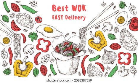 Wok Box Sketch, Ingredients For Wok. Hand Drawn Vector Illustration. Noodles In A Carton Box. Asian Food.