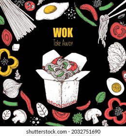 Wok box sketch, ingredients for wok. Hand drawn vector illustration. Noodles in a carton box. Asian food.