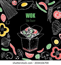 Wok box sketch, ingredients for wok. Hand drawn vector illustration. Noodles in a carton box. Asian food.