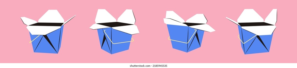 Wok box for takeaway food. Delivery of food in a bag with you. Open container for noodles. Asian food culture in cartoon style. Vector flat illustration isolated on pink background