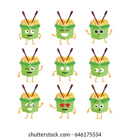 Wok Cartoon Character - modern vector template set of mascot illustrations. Gift images of wok dancing, smiling, having a good time. Emoticons, happiness, emotions, love, surprise, blinking