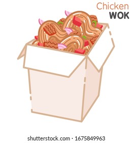 Wok with chicken and soba noodles. Traditional asian food. Chinese, Japanese cuisine. Fast food takeout in a box. Minimalistic flat design. Isolated cartoon illustration