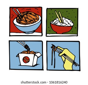 Wok, chinese cuisine illustrations set.