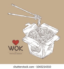 Wok: chinese noodles, wok box and chopsticks with noodles. Vector hand drawn illustration