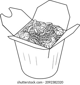 Wok. Chinese noodles in a box.   A Chinese restaurant opened to take out a box filled with noodles.