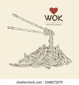 Wok: chinese noodles and chopsticks with noodles. Vector hand drawn illustration