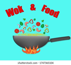 Wok: chinese noodles and chopsticks with noodles. Vector hand drawn illustration.
