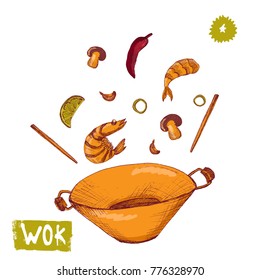 WOK colorful Hand drawn vector sketch illustration with pan,noodles, pepper,shrimp. Asian fast food design. Perfect for banners, cards, posters, menu, prints.
