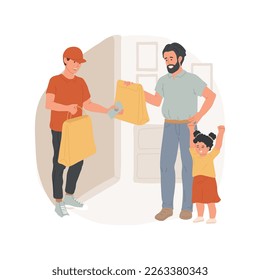 Wok delivery isolated cartoon vector illustration. Guy from wok delivery service holds noodles boxes, people waiting for food shipping, family lifestyle, tasty meal habits vector cartoon.