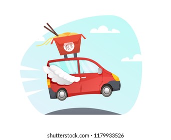 Wok delivery truck. asian noodles. Chinese food take away vector  sushi Delivery fast car with wings flying over the road. van cartoon style with sky and clouds  background. colorful illustration