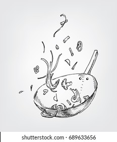Wok drawing, noodle and rice
