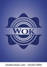 Wok emblem with denim texture. Vector Illustration. Detailed.
