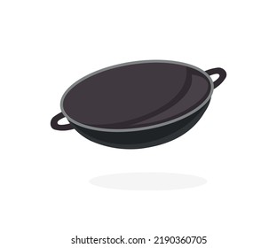 Trabajar con pan frito o diseño del logo de la olla de cocina china. Proceso de cocción, Cuchara de trabajo, plato, caja, palos, letras, pimienta, diseño vectorial de verduras e ilustración.