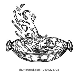 Wok fry pan or chinese cooking pot. Cooking process. Sketch. Asian food. chinese noodles, tomatoes, peppers, shrimp, meat and other ingredients. Asian cuisine. Hand drawn vector illustration