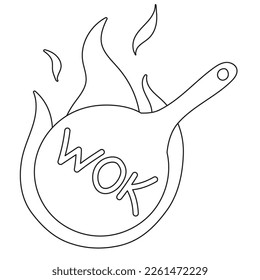 Wok frying pan with flame. icon in flat doodle style. Vector illustration. Wok, asian food, logo for cafe or restaurant.