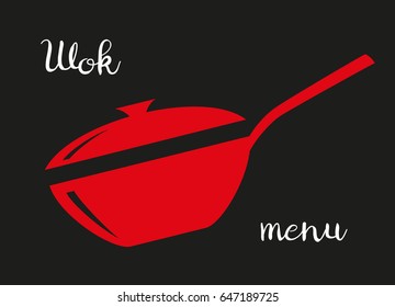 Wok frying pan icon on black background. Vector illustration.  