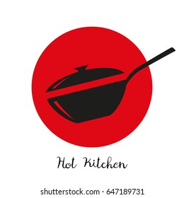 Wok frying pan icon on red background. Vector illustration.