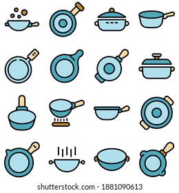 Wok frying pan icons set. Outline set of wok frying pan vector icons thin line color flat on white