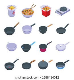 Wok frying pan icons set. Isometric set of wok frying pan vector icons for web design isolated on white background