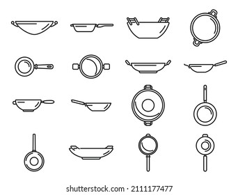 Wok Bratpfanne Symbole setzen Umrissvektor. Fleischwerkzeuge. Kochküche