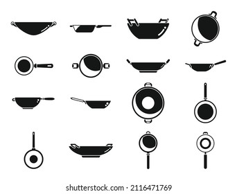 Wok frying pan icons set simple vector. Meat tools. Kitchen cooking