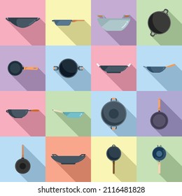 Wok frying pan icons set flat vector. Meat tools. Kitchen cooking