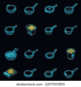 Wok frying pan icons set. Isometric set of wok frying pan vector icons neon color on black