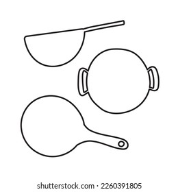 Wok frying pan set in flat doodle style. Vector illustration of kitchen tools isolated on white background