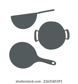 Maqueta de fritura de wok montada en forma de doodle plano. Ilustración vectorial de herramientas de cocina aisladas en fondo blanco