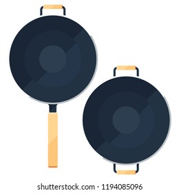 Wok frying pan sign collection or flat icons set of traditional bowls laying for top view