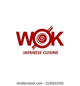 Wok icon, Chinese and Japanese cuisine noodles and sticks, vector emblem. Asian cuisine restaurant sign, wok pan with Chinese or Japanese ramen or udon noodles in for dishes and meals menu cover