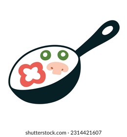 Wok icon, vector doodle illustration of Chinese frying pan, frying mushrooms, scallions and bell pepper, cooking toppings for ramen and noodle soup, Asian dish recipe, isolated colored clipart 