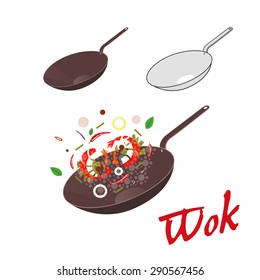 Wok illustration. Asian frying pan. Concept illustration for restaurant