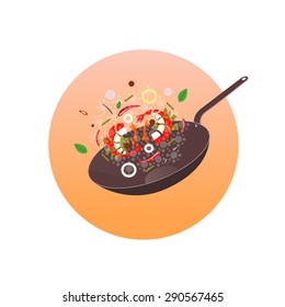 Wok illustration. Asian frying pan. Concept illustration for restaurant