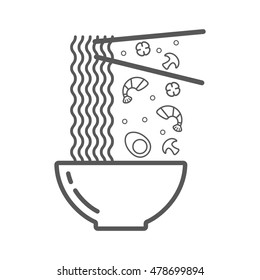 Wok illustration. Bowl of noodles with a pair of chopsticks, egg, mushroom, papper and shrimp icon thin line for web and mobile, modern minimalistic flat design. illustration for restaurant hand drawn