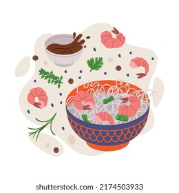 Wok Ingredients and Asian Food with Noodles in Bowl with Shrimp and Soy Sauce Vector Composition