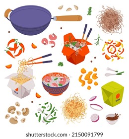 Wok Ingredients and Asian Food for Stir Frying with Noodles, Soy Sauce and Chopsticks Vector Set