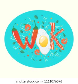 Wok logo for thai or chinese restaurant. Stir fry with edible letters. Cooking process vector illustration. Flipping Asian food in a pan. Cartoon style.