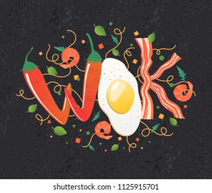 Wok logo for thai or chinese restaurant. Stir fry with edible letters. Cooking process vector illustration. Flipping Asian food on dark background. Cartoon style.