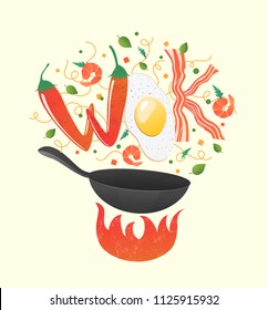 Wok logo for thai or chinese restaurant. Stir fry with edible letters. Cooking process vector illustration. Flipping Asian food in a pan. Cartoon style.