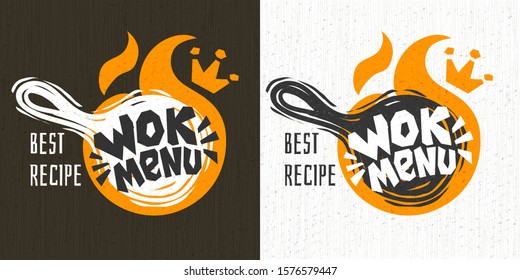 Wok menu asian food logo, Wok pan, fire, lettering, splash, drops, textured background logotype design. Hand drawn vector illustration