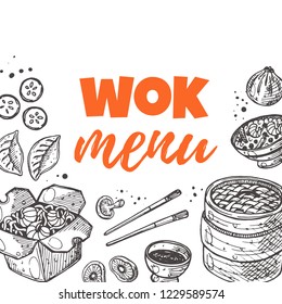 Wok menu concept design. Sweet and sour. Chinese oriental food. Hand drawn vector illustration. Can be used for asian cafe, market, menu, shop, barbeque, bar, restaurant, poster, label, sticker, logo.