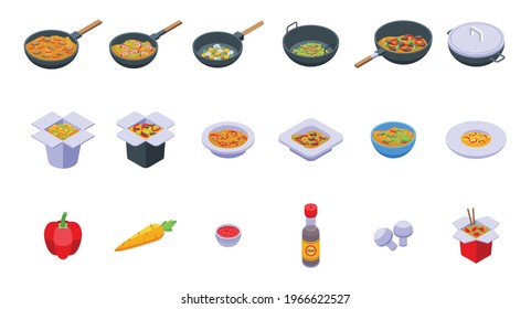 Wok menu icons set. Isometric set of wok menu vector icons for web design isolated on white background