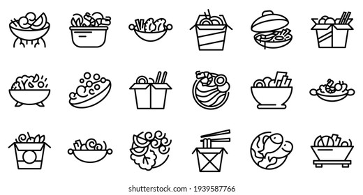 Wok menu icons set. Outline set of wok menu vector icons for web design isolated on white background