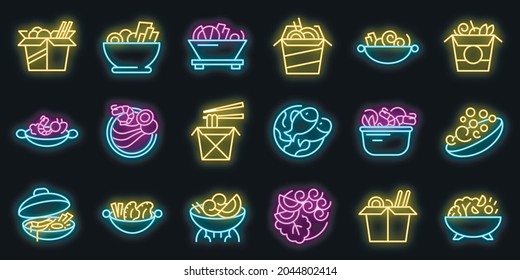 Wok menu icons set. Outline set of wok menu vector icons neon color on black