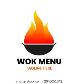 Wok Menu logo design template. Abstract wok pan and fire. Stock vector illustration.