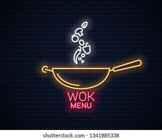 Wok neon banner. Frying pan cooking menu on wall background